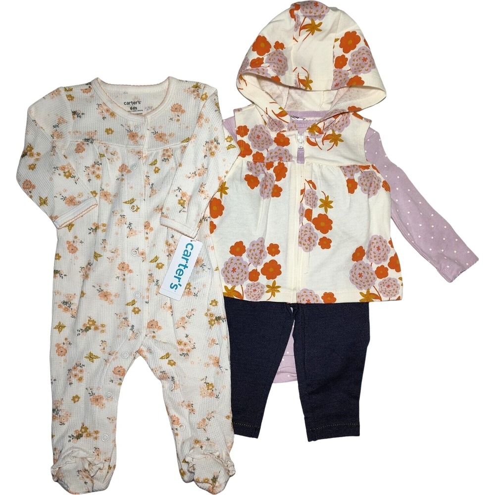 Carter's Baby Girl 6 Mos Outfit Sleeper Set Jean Leggings Hooded Vest‎ Bodysuit
